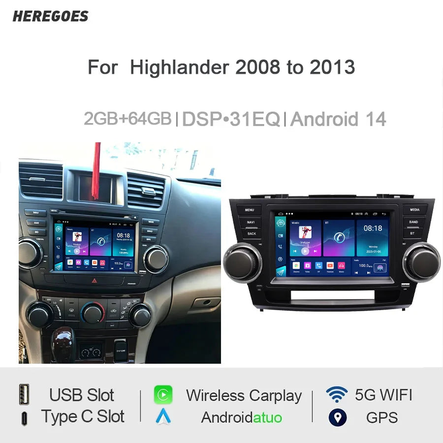 8" Android Car Radio GPS for Toyota Highlander 2008-2013 - CarPlay Auto Nav Bluetooth Steering Control