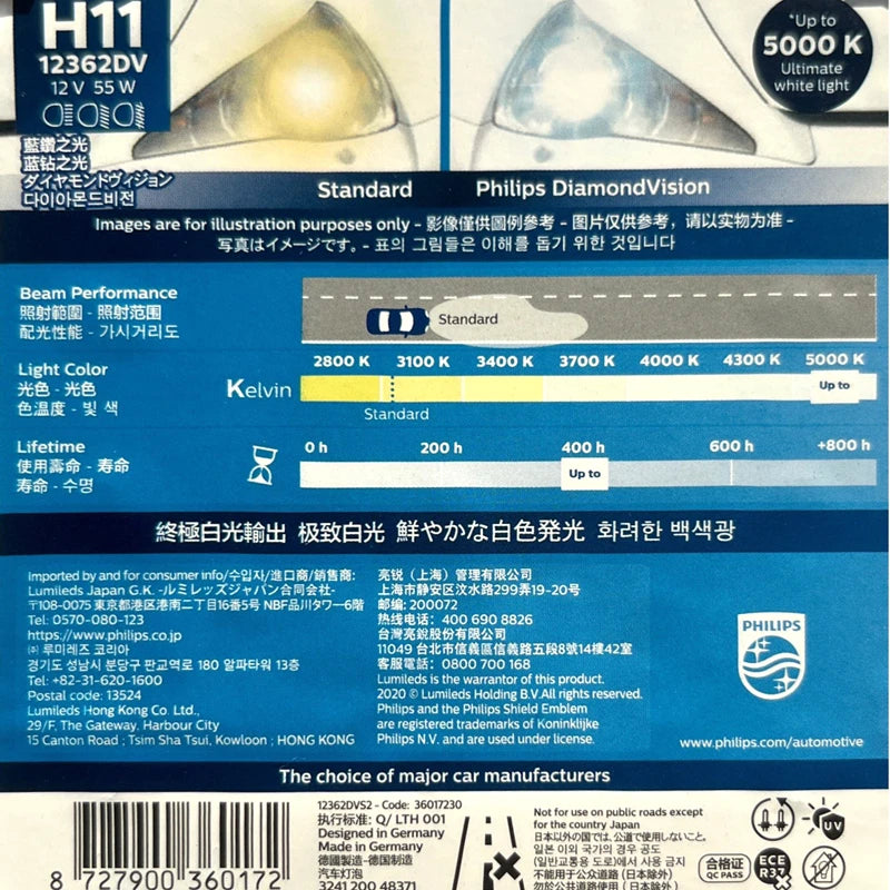 Philips H11 12V 55W Diamond Vision 5000K Super White Light Halogen Bulbs Auto Headlight Fo
