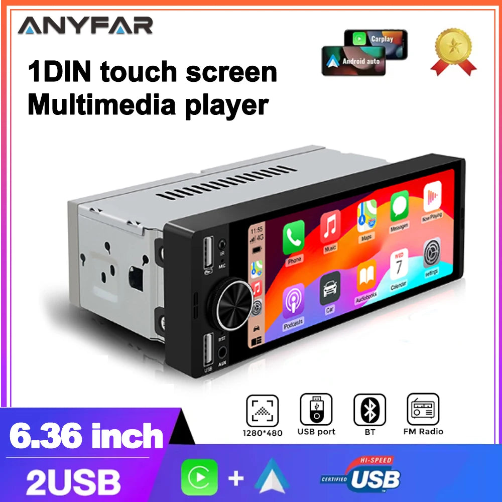 6.36-Inch Universal 1DIN MP5 Car Radio Support Wireless Carplay Android AUTO AUX USB SWC B