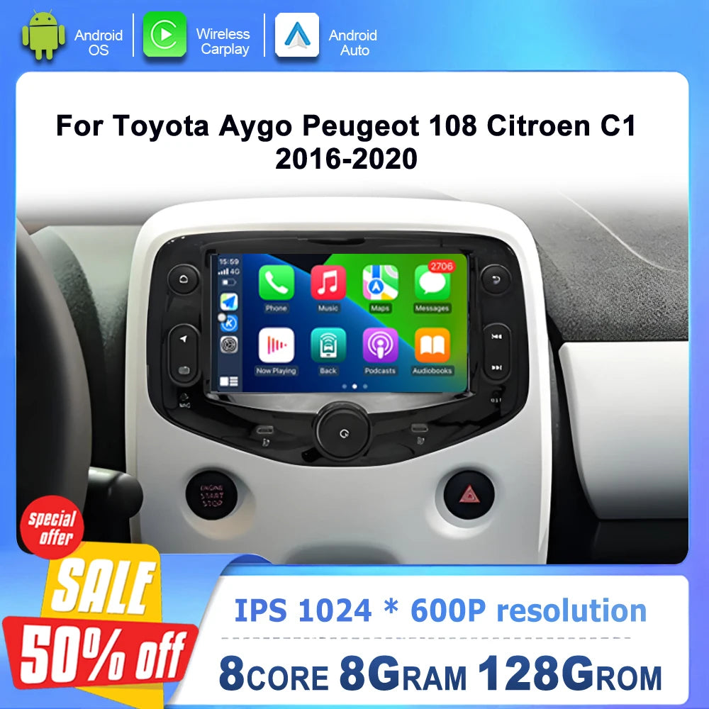 Android OS for Toyota Aygo Peugeot 108 Citroen C1 2016 - 2020 Wireless CarPlay Car Radio M