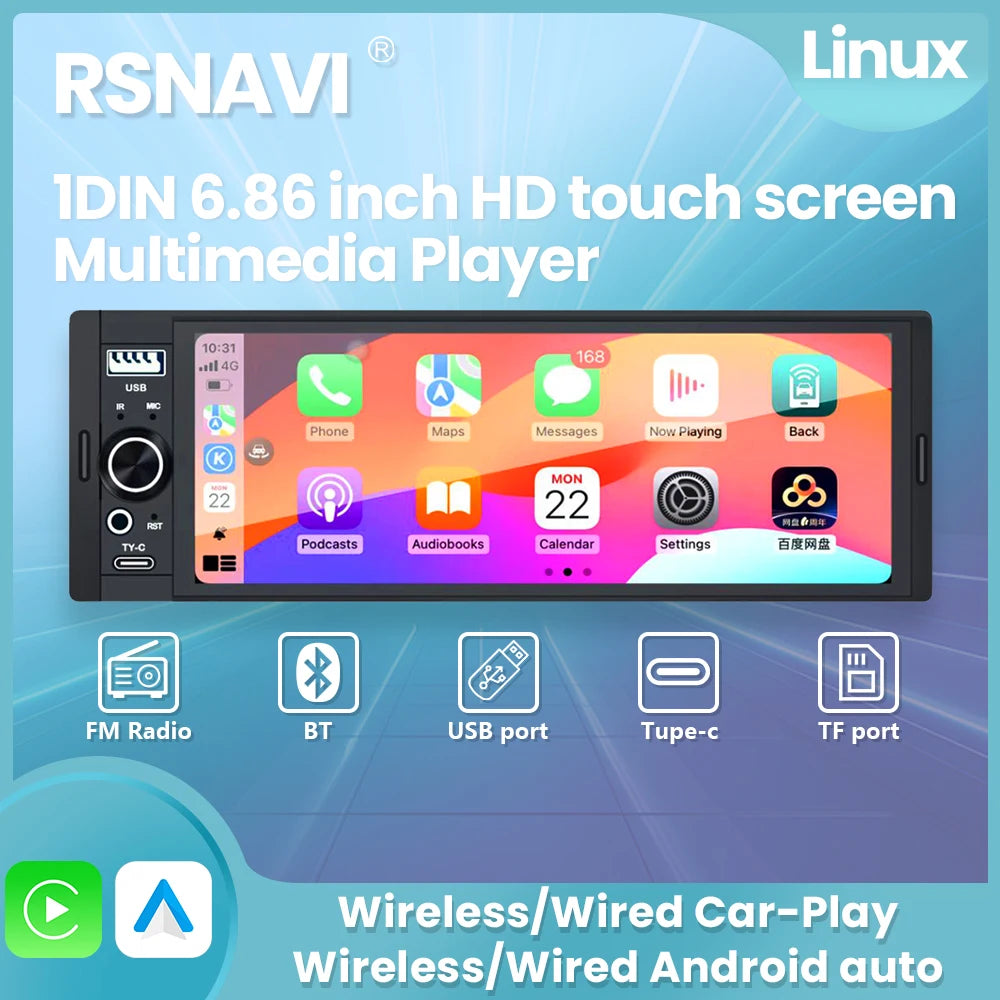 RSNAVI 6.86 Inch Universal 1 Din Car Stereo Radio MP5 Player Wireless Carplay Android Auto