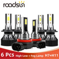 roadsun 6x LED H7 H11 Headlight Bulbs 20000LM Car High Low Light 6000K Auto Fog Lamp For H