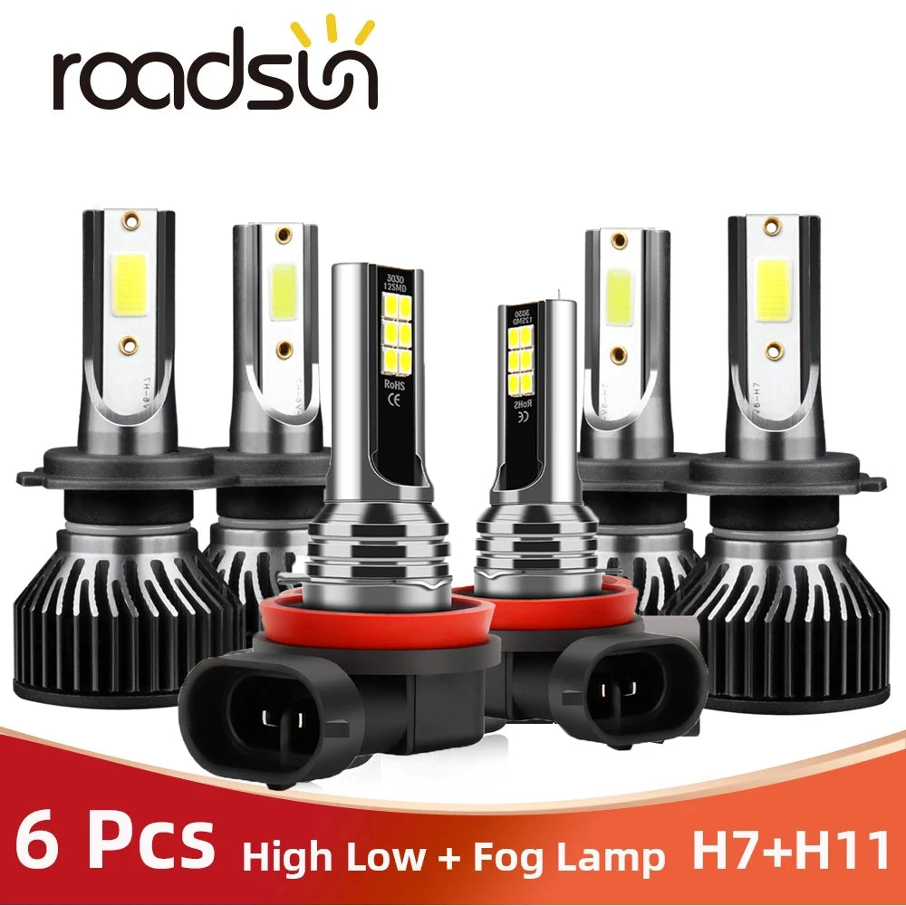 roadsun 6x LED H7 H11 Headlight Bulbs 20000LM Car High Low Light 6000K Auto Fog Lamp For H