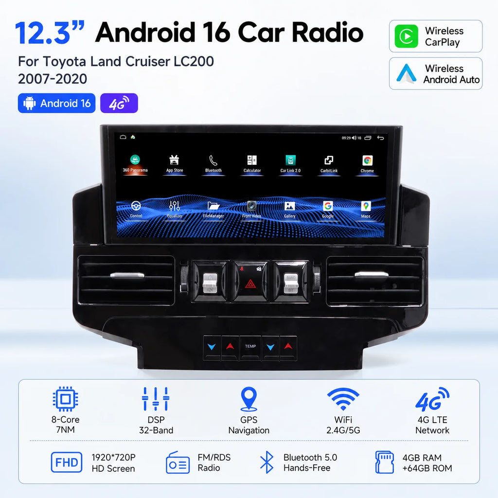 12.3" Android 16 Car Radio For Toyota Land Cruiser LC200 2007-2020 Wireless CarPlay GPS Na