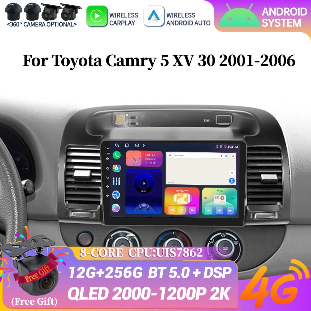 Android 14 Wireless BT Carplay Touch Head Unit Screen Stereo For Toyota Camry 5 XV 30 2001