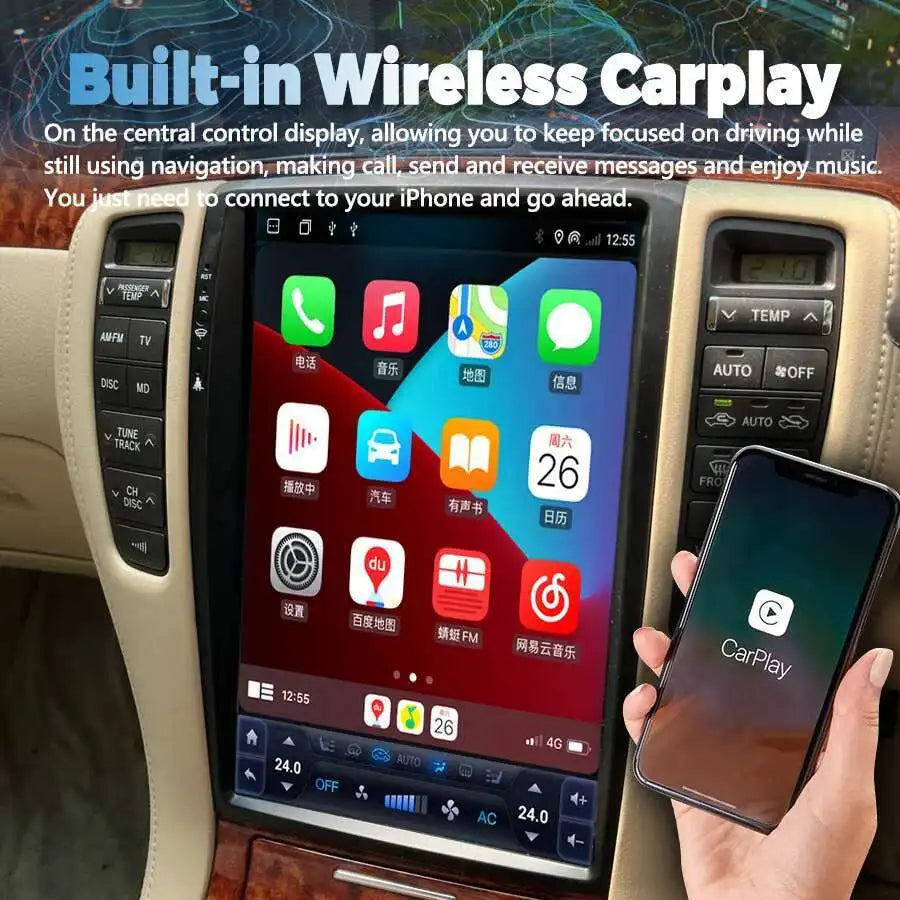 12.8" Android14 Screen Carplay For Toyota Crown GRS182 GRS184 2004 2005 2006 Auto Radio Ca