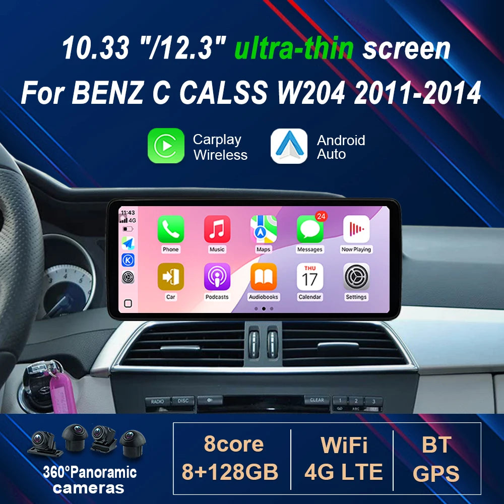 10.33 "/12.3" for Mercedes BENZ C CALSS W204 2011 - 2014 Android 14 Wireless Carplay Car R