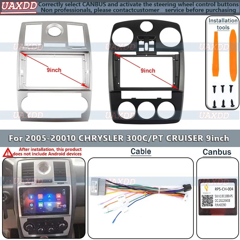 For 2005-2010 CHRYSLER PT CRUISER 300C 9INCH 2 Din Car Android Frame Kit Fascia Cable Vide