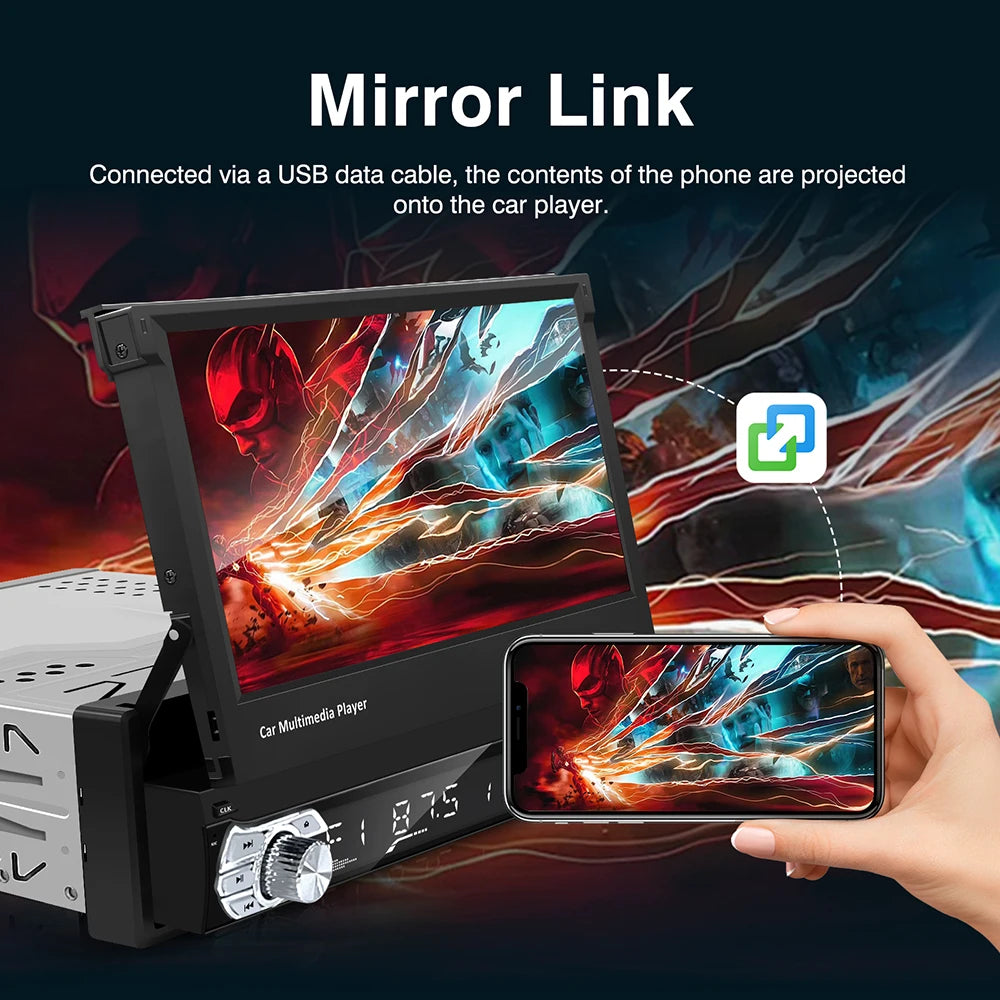Universal 1 Din Car Radio Stereo 7" HD Retractable Touch Screen Carplay & Android Auto Mon | AUTOKITSHOP