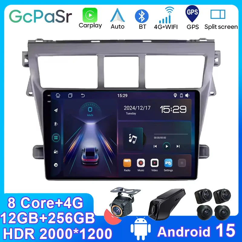Android 15 4G For Toyota Vios Yaris 2007 2008 - 2012 Car Carplay Radio Stereo Head Unit Mu