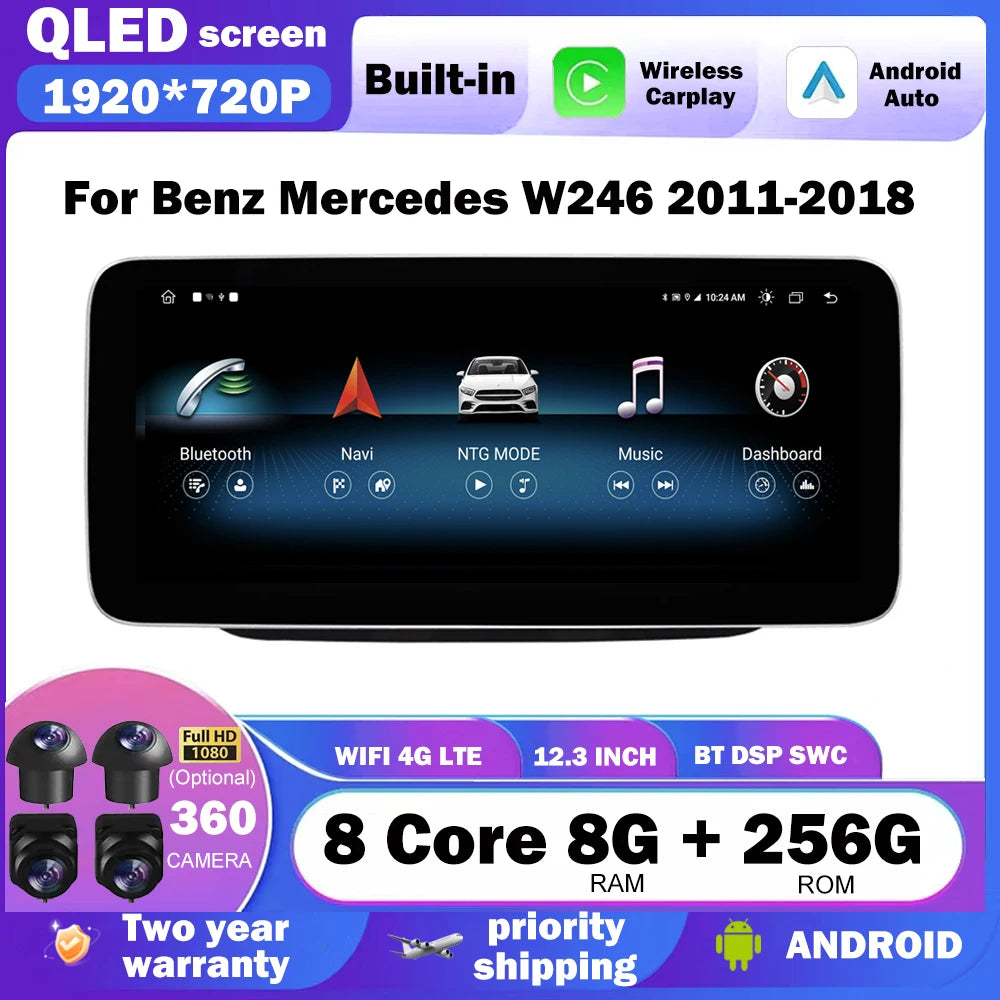CarPlay Android Auto 12.3 Inch For Mercedes Benz B Class W246 2011-2018 Car Player Multime