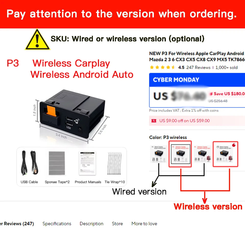 P2 Wired or P3 Wireless For CarPlay Android Auto adapter USB Hub OEM Retrofit Mazda 2 3 6