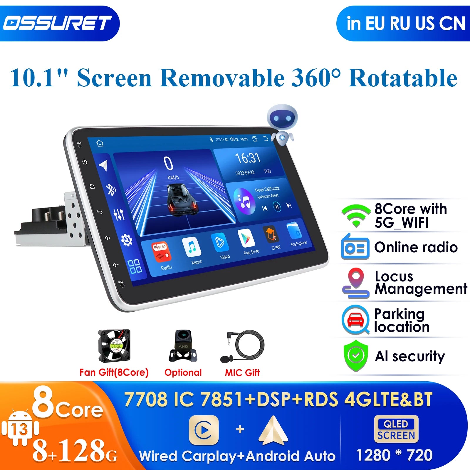 10.1" 4G Rotatable 1 Din Car Radio GPS Navigation for Universal Car Stereo Video Multimedia Player - Adjustable Audio