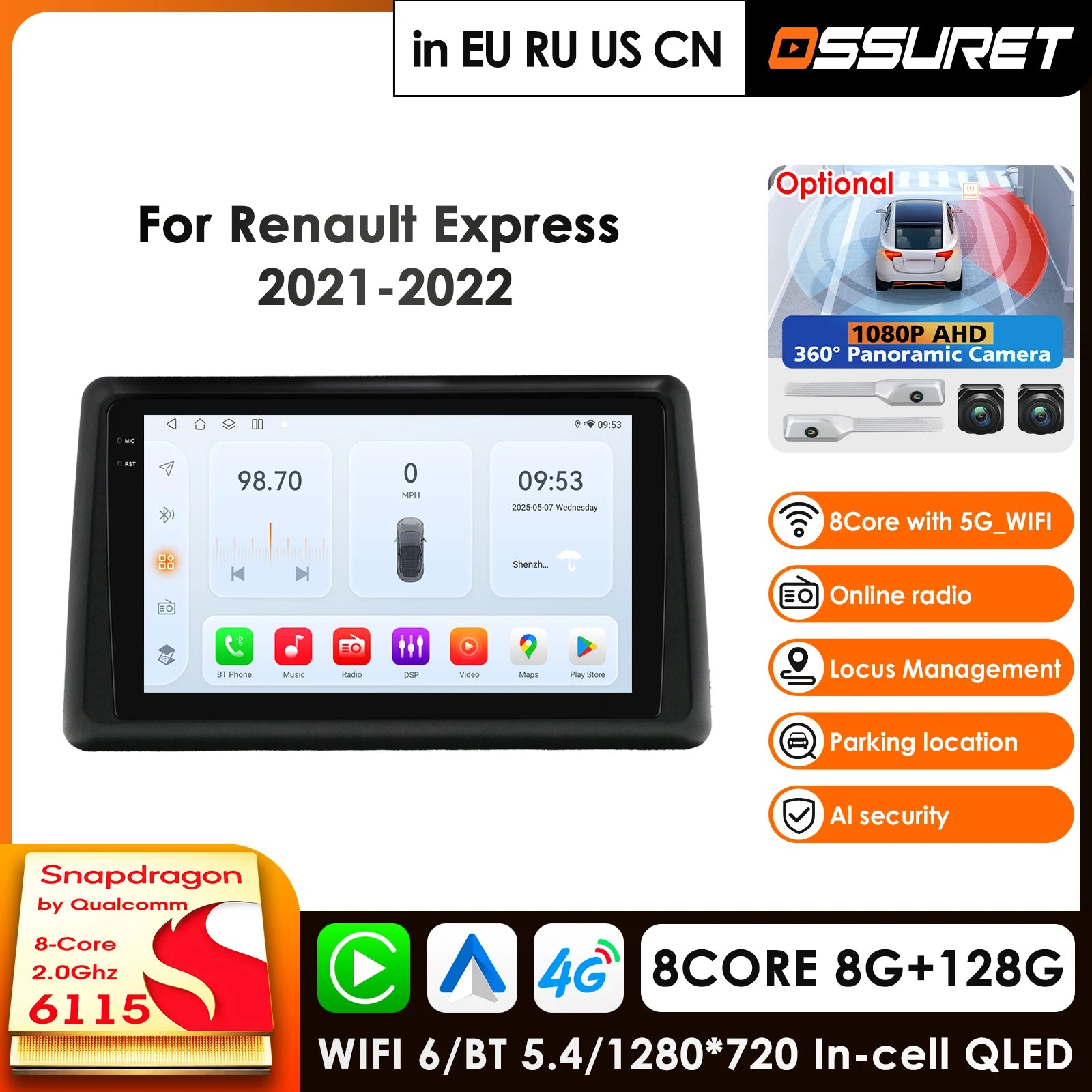 9" Car Radio GPS for Renault Express 2021-2022 Android Auto CarPlay Multimedia Player - 8Core Qualcomm Snapdragon 2.0GHz