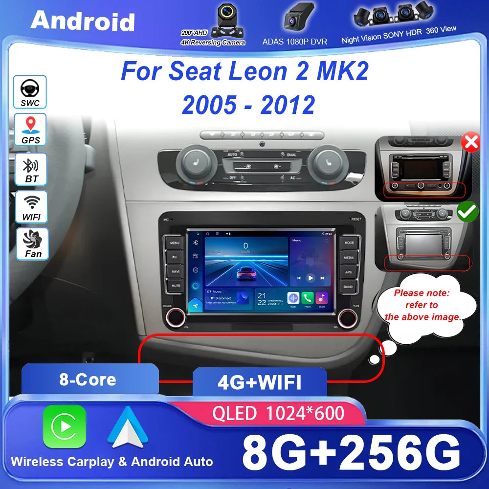 Android 15 LHD Car Radio For Seat Leon 2 MK2 2005 - 2012 Multimedia Player Stereo wireless