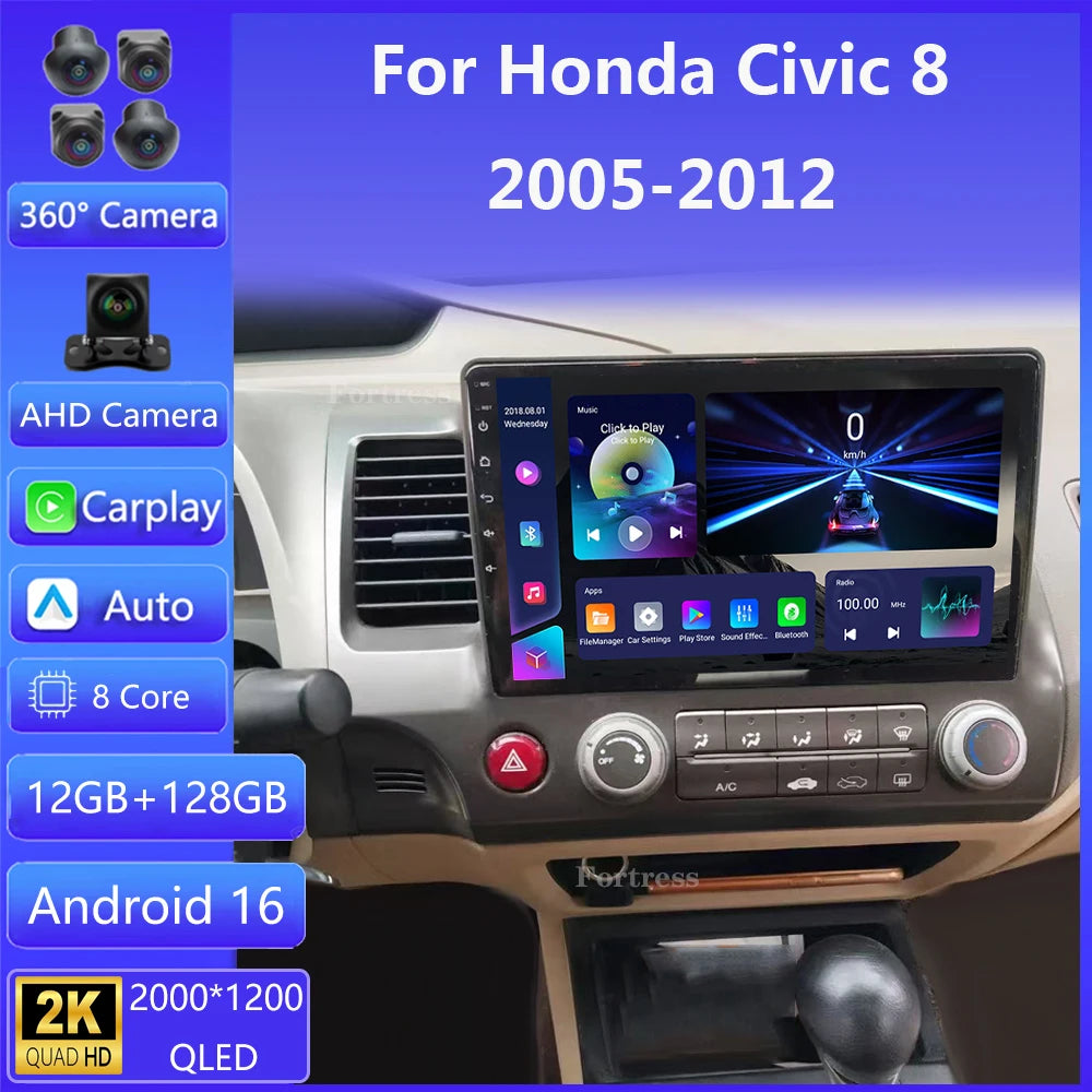 Android 16 Car radio For Honda Civic 8th 2005-2011 Carplay Android auto Qualcomm Car stere