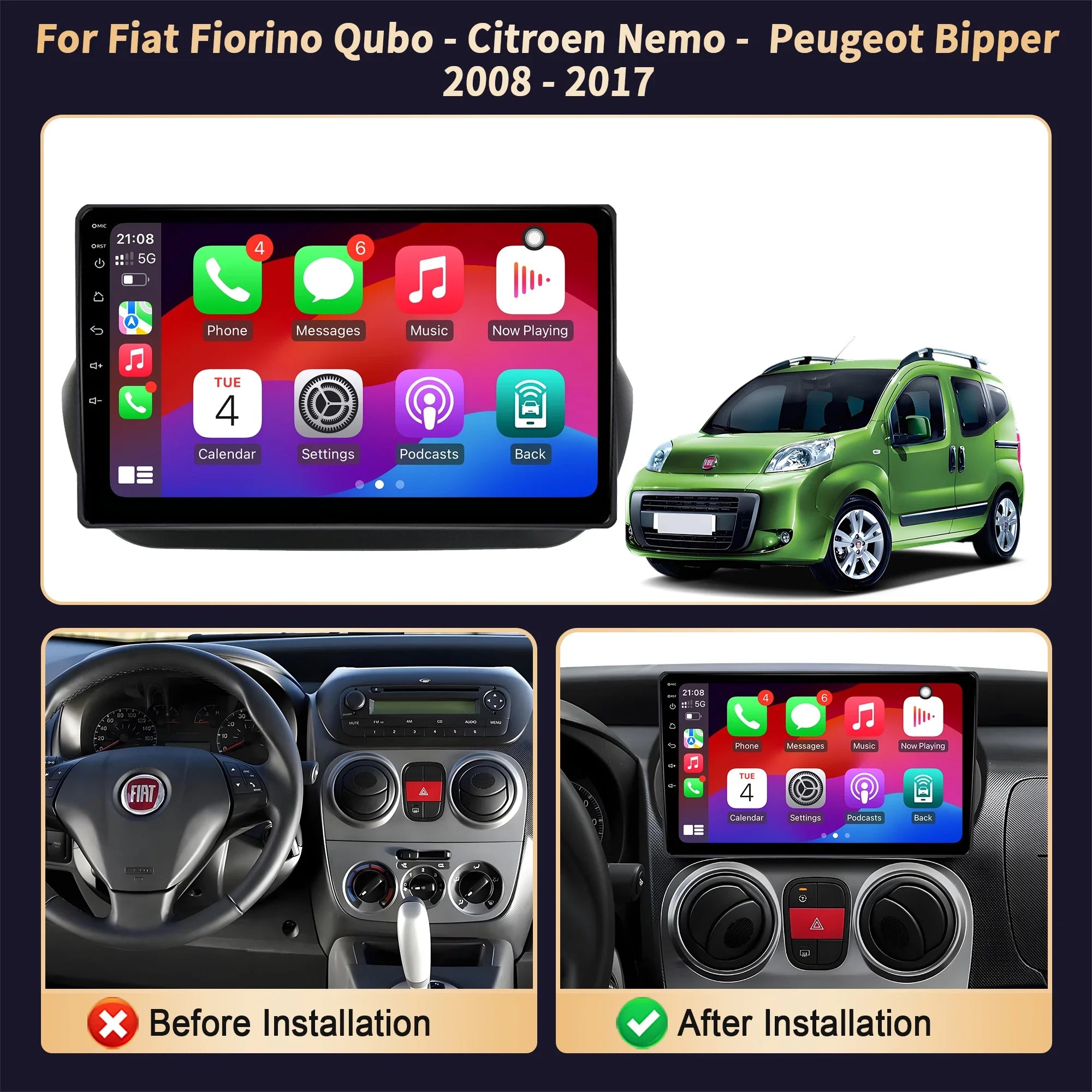 10“ Car Radio For Fiat Fiorino Qubo - Citroen Nemo-Peugeot Bipper 2008-2017 Android 16 BT