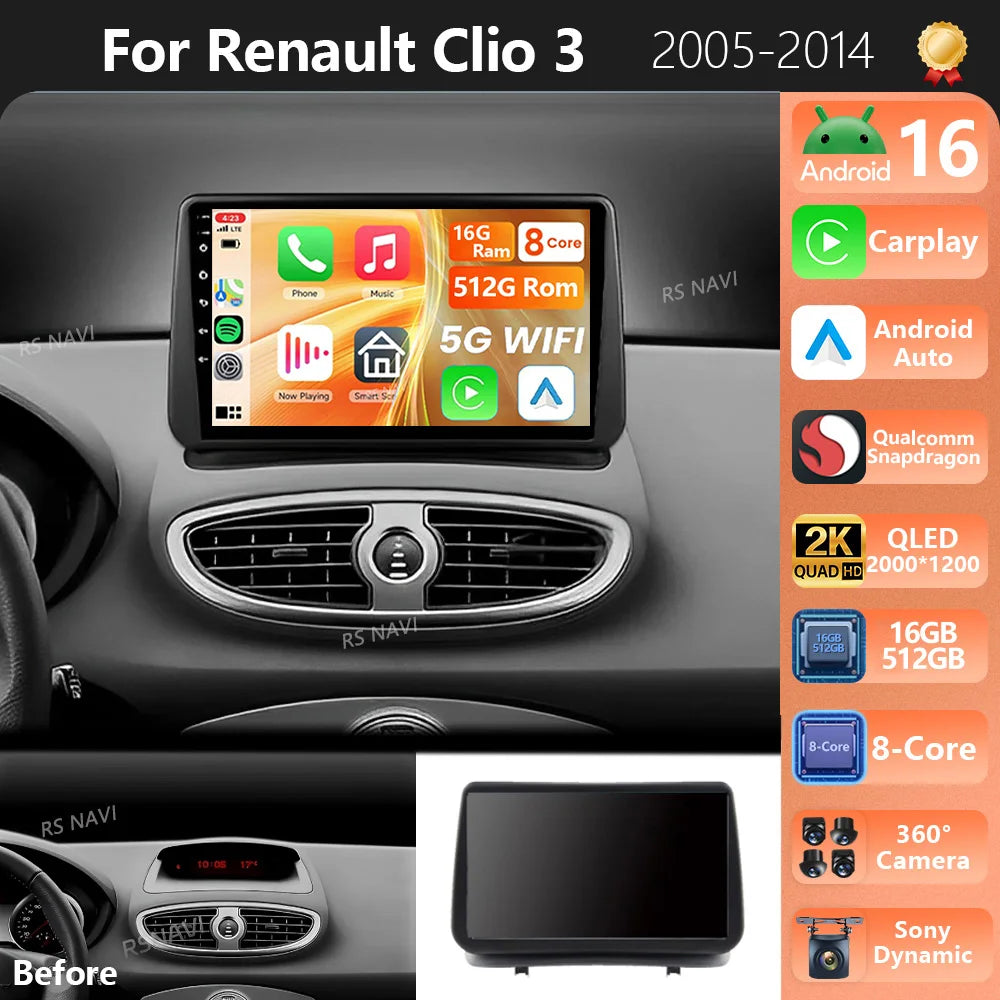 Plug and Play Android 16 For Renault Clio 3 2005-2014 2K QLED Android Car Radio Multimedia