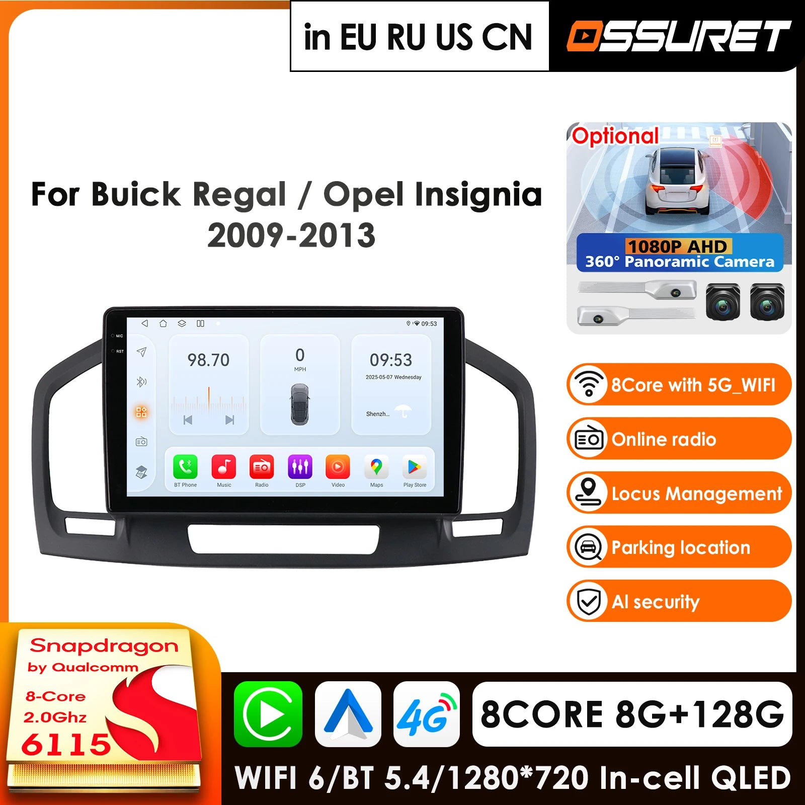 8G+128GB Android 12 Car Radio GPS Navigation for Buick Regal Opel Insignia 2009-2017 - Carplay 4G RDS Stereo