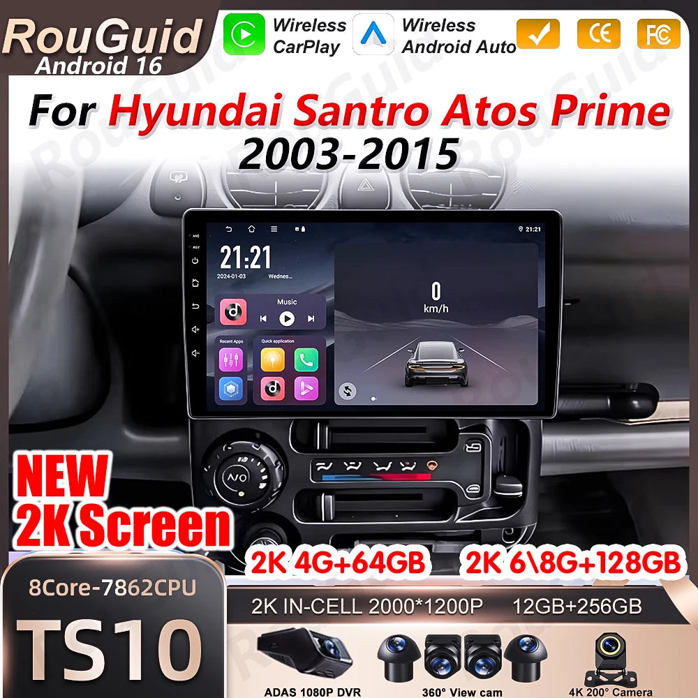Android16 Auto Carplay For Hyundai Santro Atos Prime 2003 2004 2005 - 2015 Car Radio Multi | AUTOKITSHOP