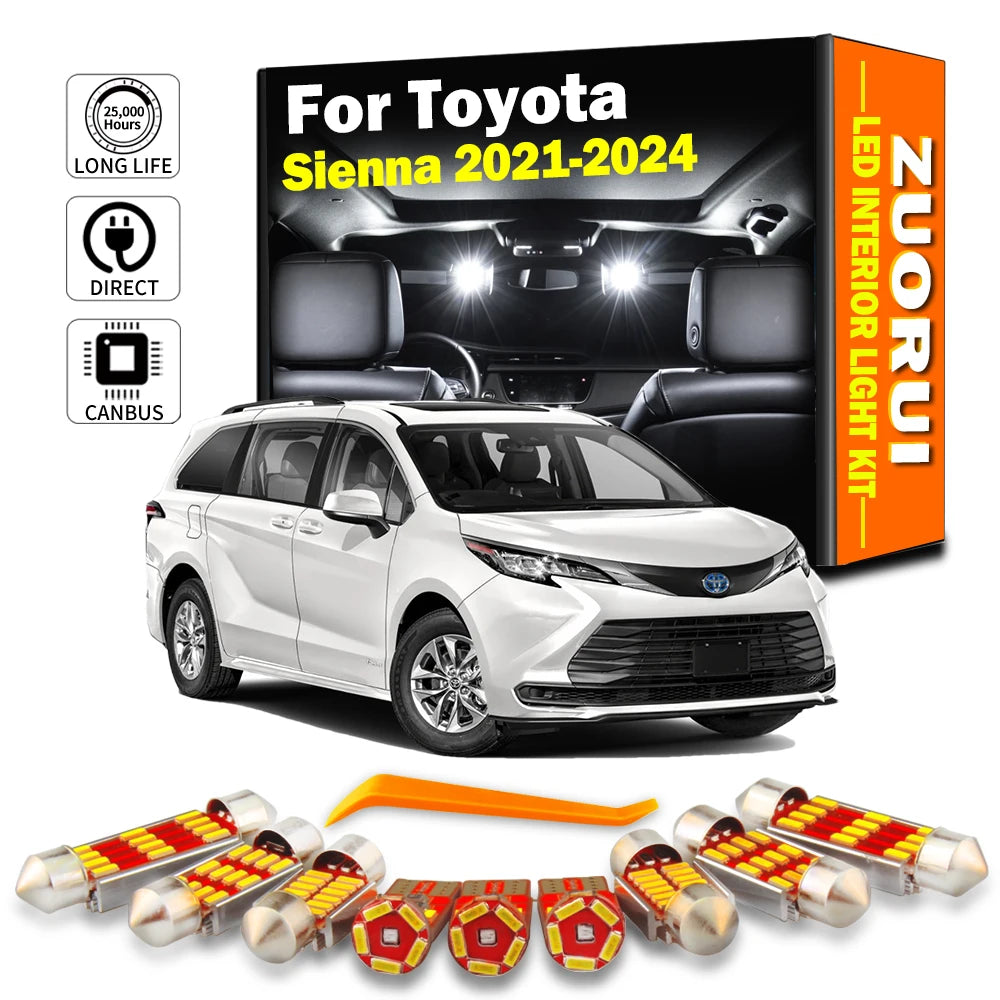 ZUORUI 17Pcs Canbus For New Toyota Sienna 2021 2022 2023 2024 LED interior Dome Map Trunk Number Plate Light Kit Car Acc