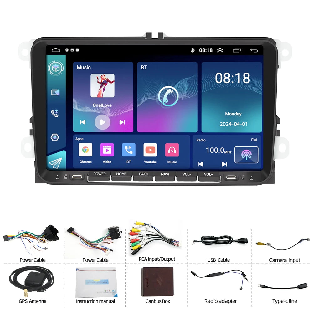 9" Android Car Radio GPS for Volkswagen CarPlay Auto Bluetooth Steering Control - No Knobs Design