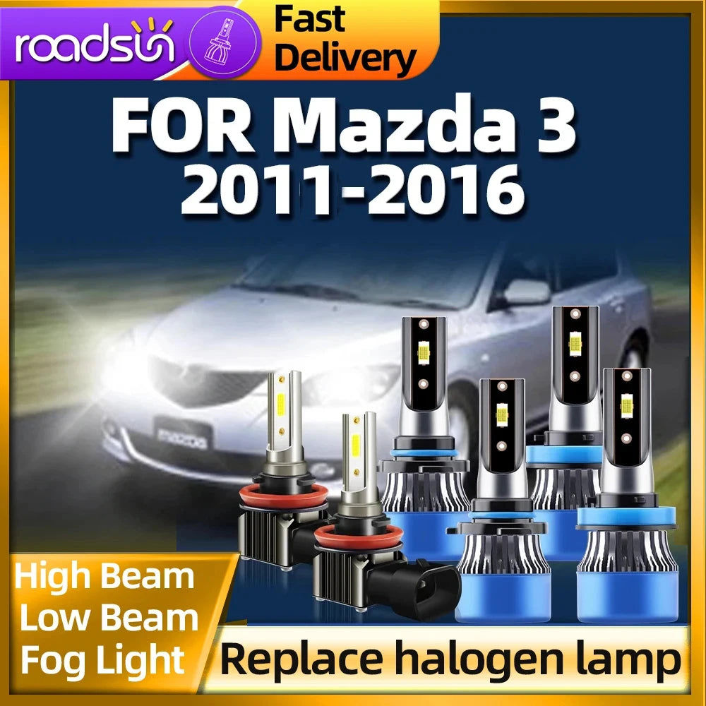Roadsun 2/6Pcs LED Headlight 9005 H11 High Low Beam Fog Lamp 6000K Car Light Fit For Mazda