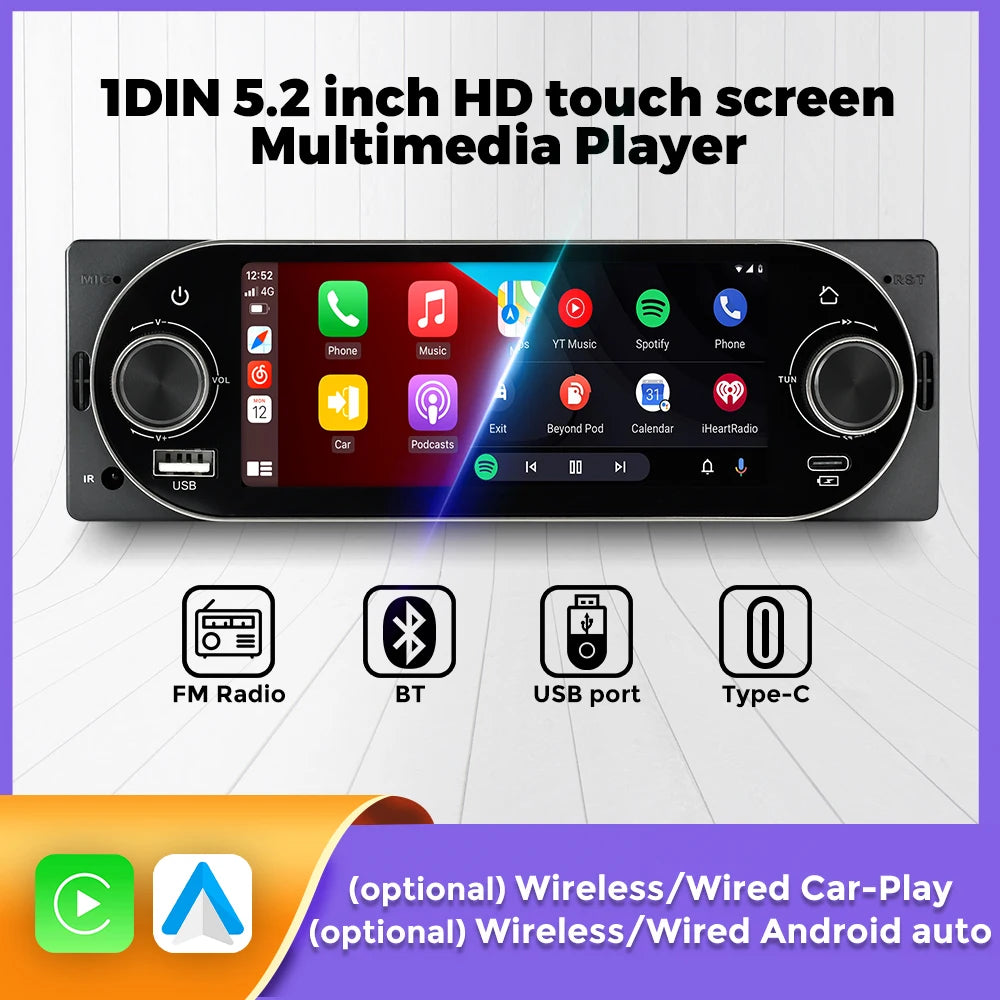 1Din 5.2inch Dual Knob Car Radio MP5 Player Wireless CarPlay Android Auto multimedia playe