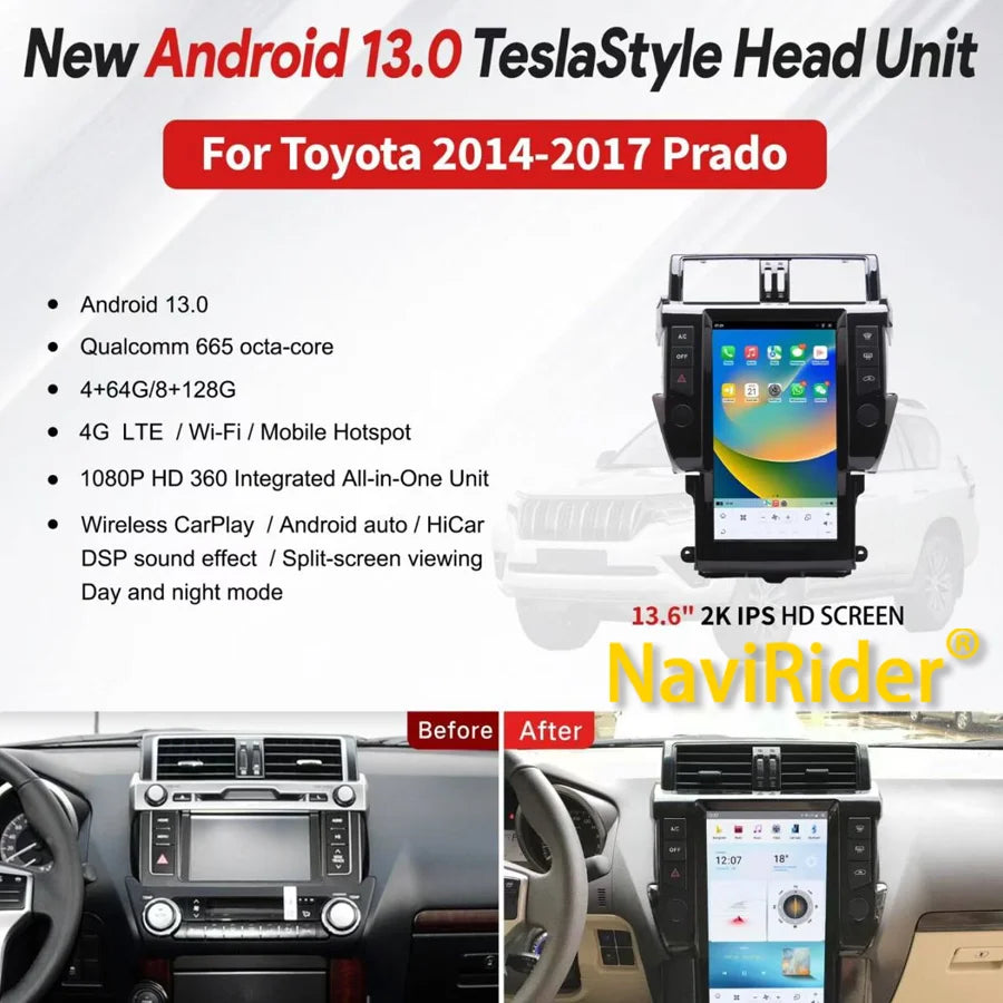 13.6inch For Toyota Land Cruiser Prado 150 LC150 2010-2017 Vertical Screen Car Radio Andro | AUTOKITSHOP