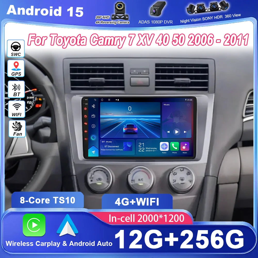 Android 15 For Toyota Camry 7 XV 40 50 2006 -2011 Auto Radio Stereo High-Performance CPU G