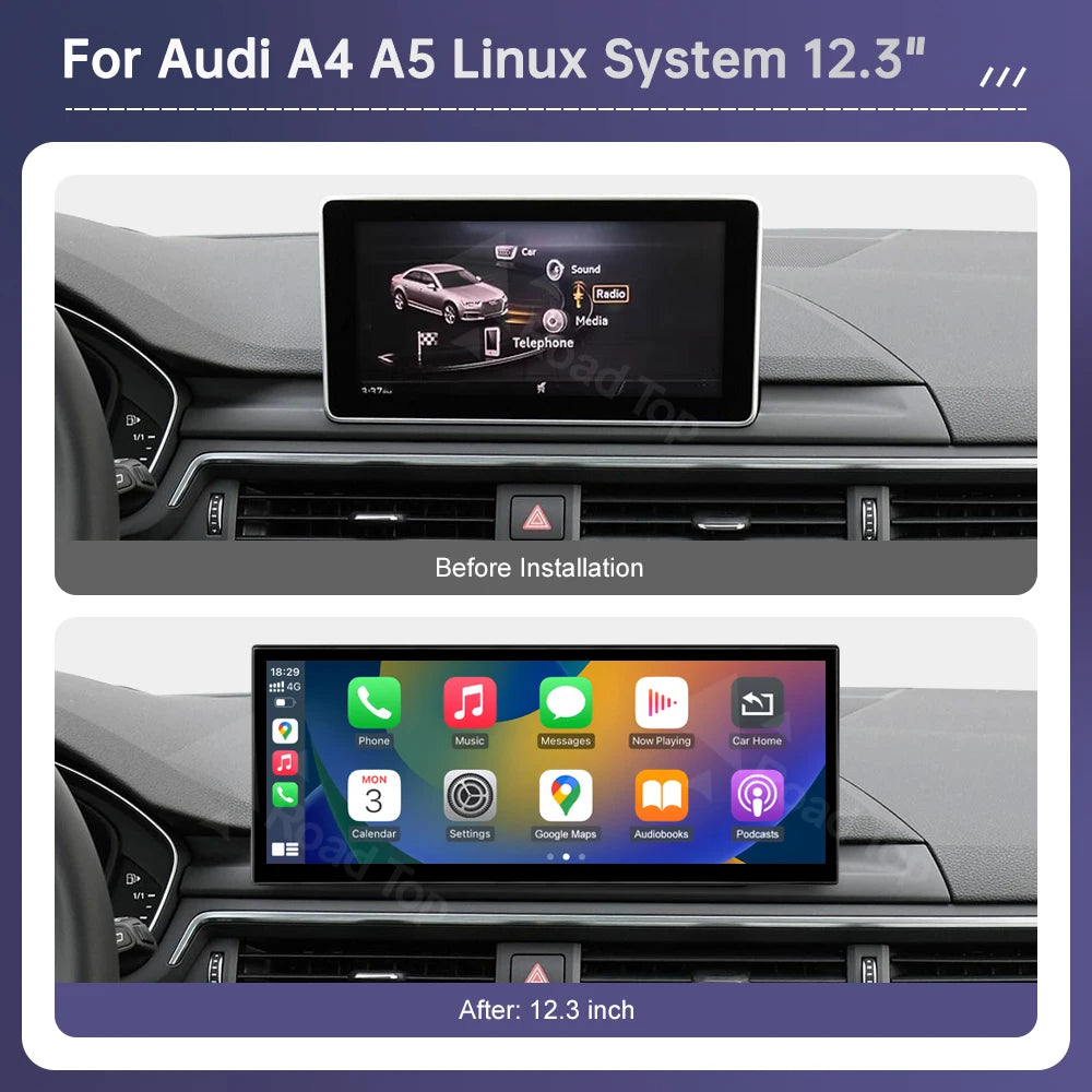 EU Road Top 12.3' Wireless CarPlay Android Auto Screen For Audi A4 A5 2016-2019 Airplay Mu