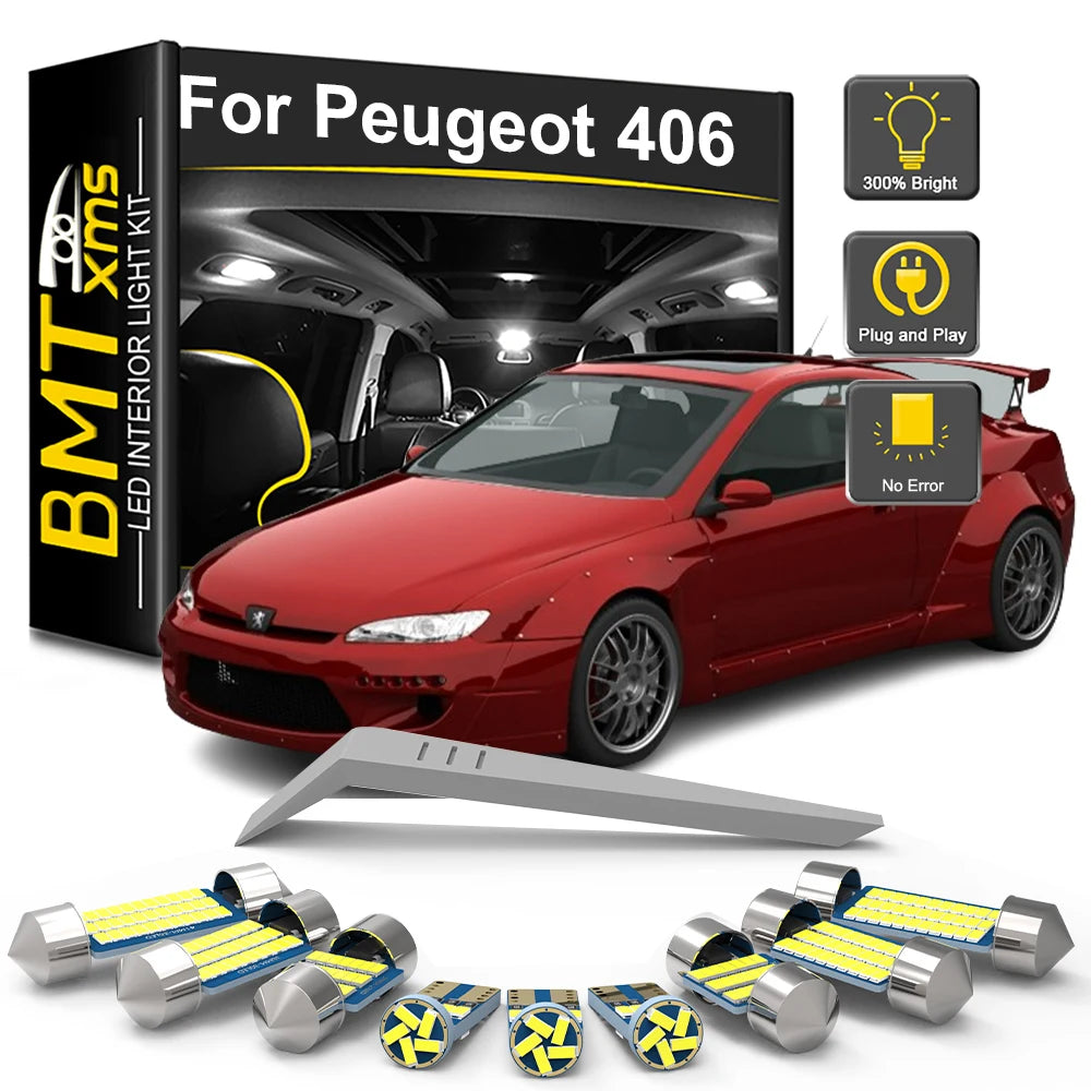 13-Piece LED Interior Light Kit for Peugeot 406 Coupe Sedan Wagon SW Break 1995-2003 - Canbus Dome Map Door Trunk Bul...