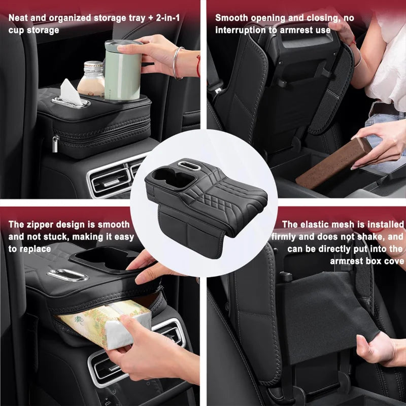Wear-Resistant Car Armrest Box Booster Pad Dustproof Center Console Cover with Cup Tissue Pocket - Automotive LED Light