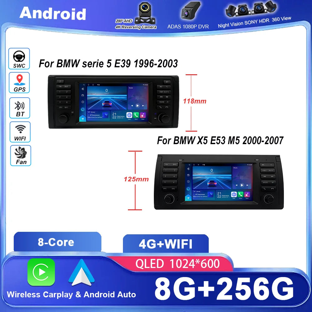 7 Inch Wireless CarPlay Android Auto Radio For BMW 5 Series E39 X5 E53 M5 1996-2003 Car Mu