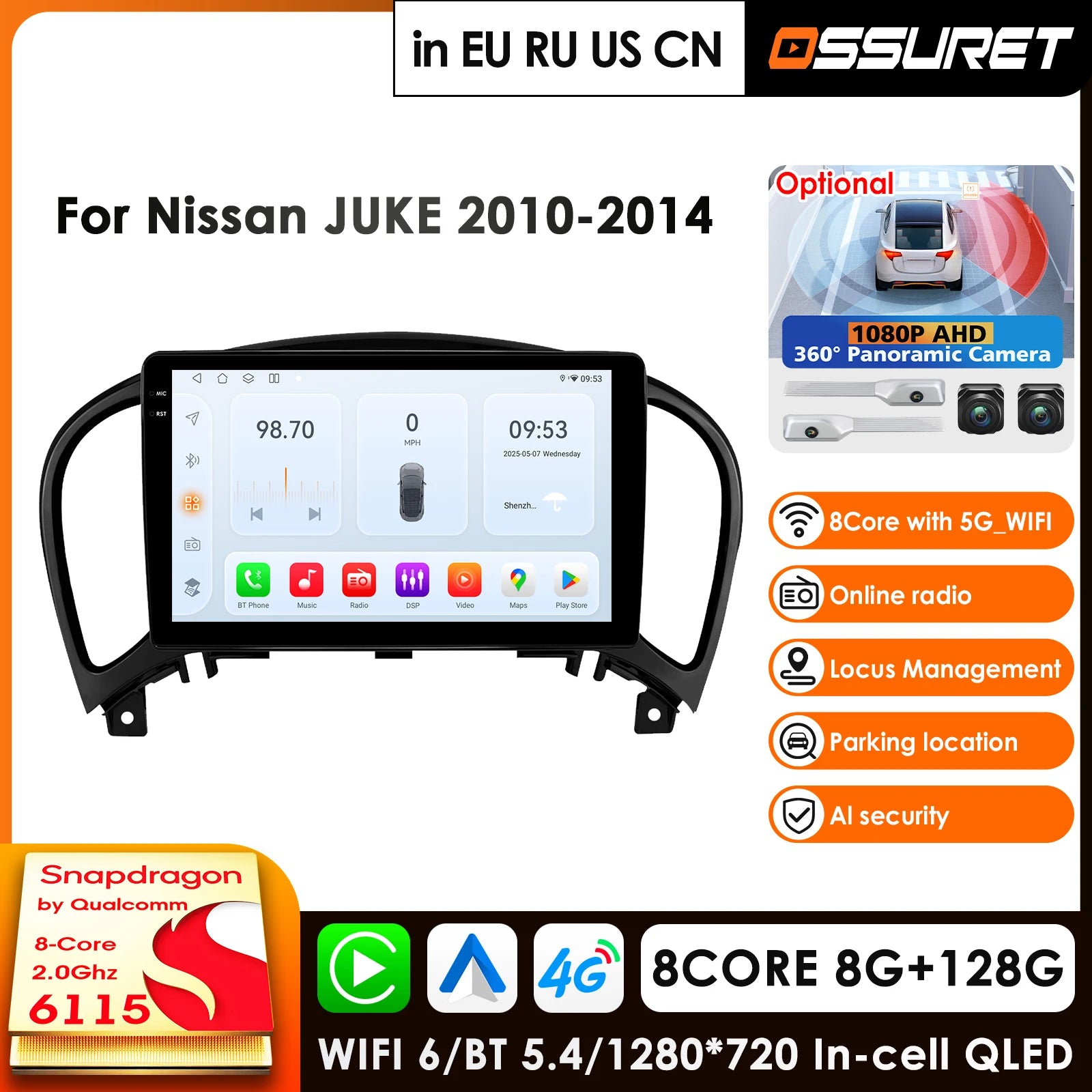 9" Car Radio GPS Android Auto for Nissan Juke YF15 2010-2014 - 4G LTE WiFi Carplay Multimedia Player with BT RDS Stereo