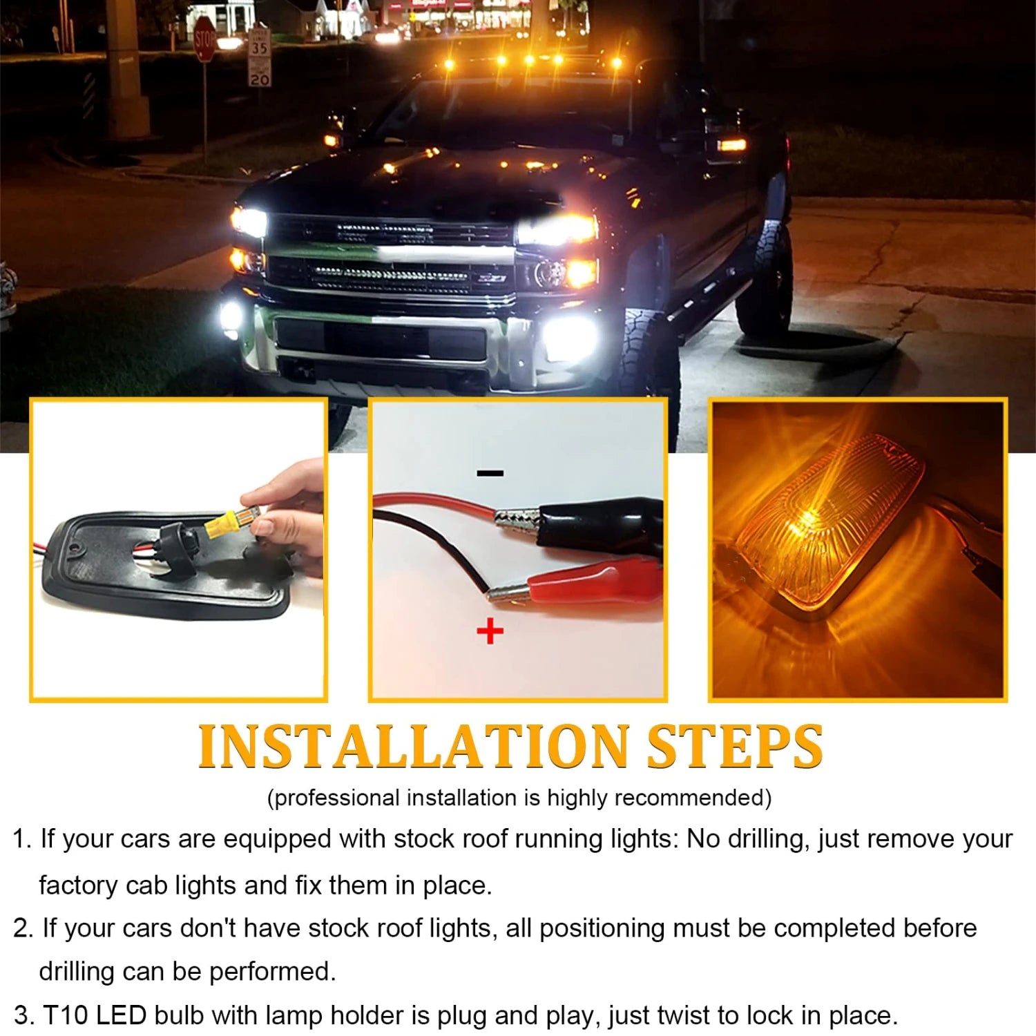 Amber LED Cab Marker Roof Lights Roof Clearance Lights Top Clearance Light For 1988-2002 C