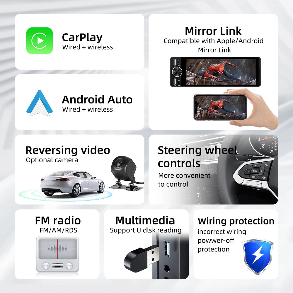 Universal MP5 6.36-Inch 1DIN Car Radio Support Wireless Carplay Android AUTO AUX Touch Scr