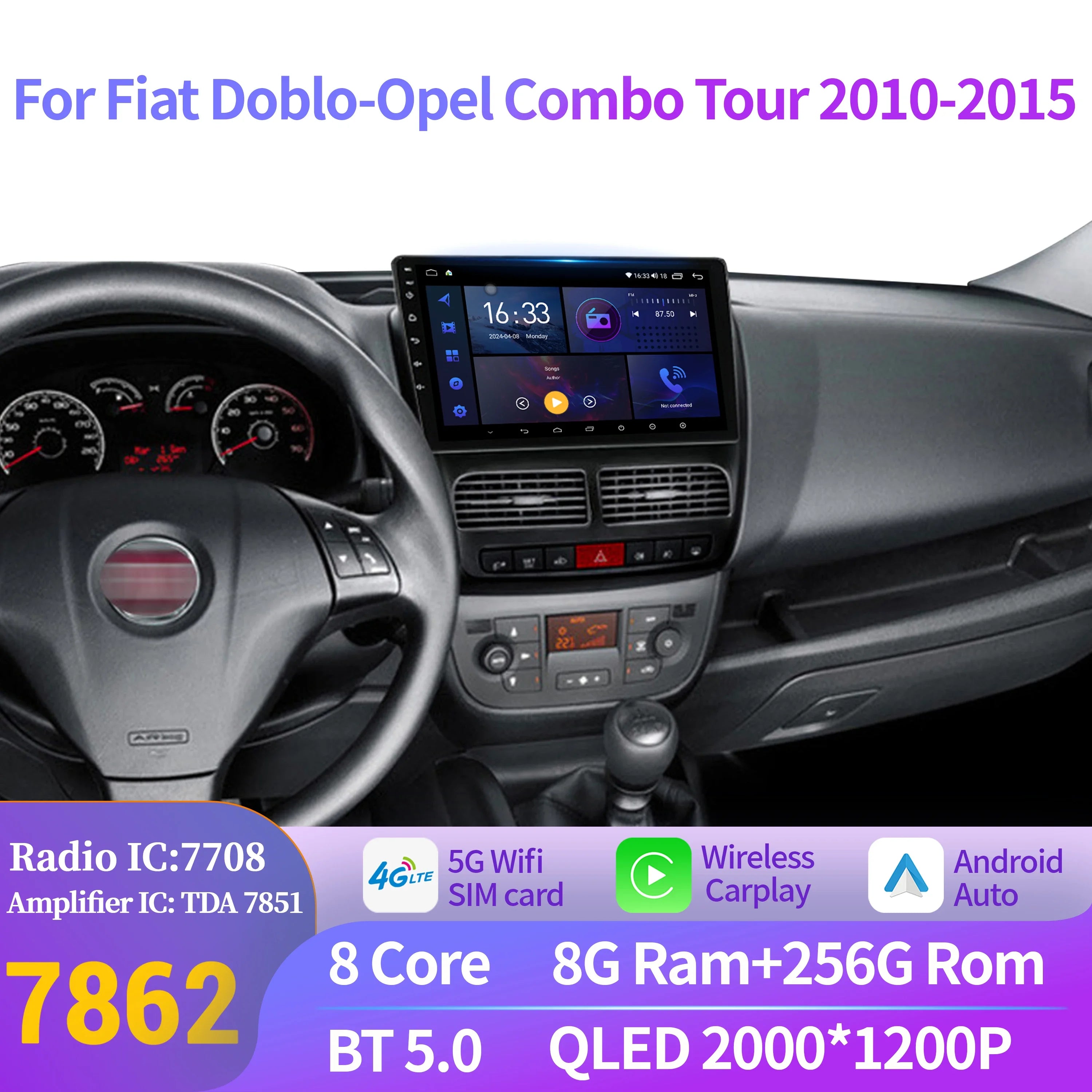 Car Radio For Fiat Doblo-Opel Combo Tour 2010-2015 Android 14 Wireless Carplay Multimedia