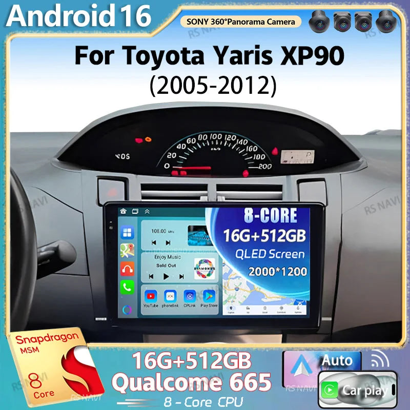 Android 16 For Toyota Yaris XP90 2005 - 2012 2K QLED Android Car Radio Multimedia Video Pl