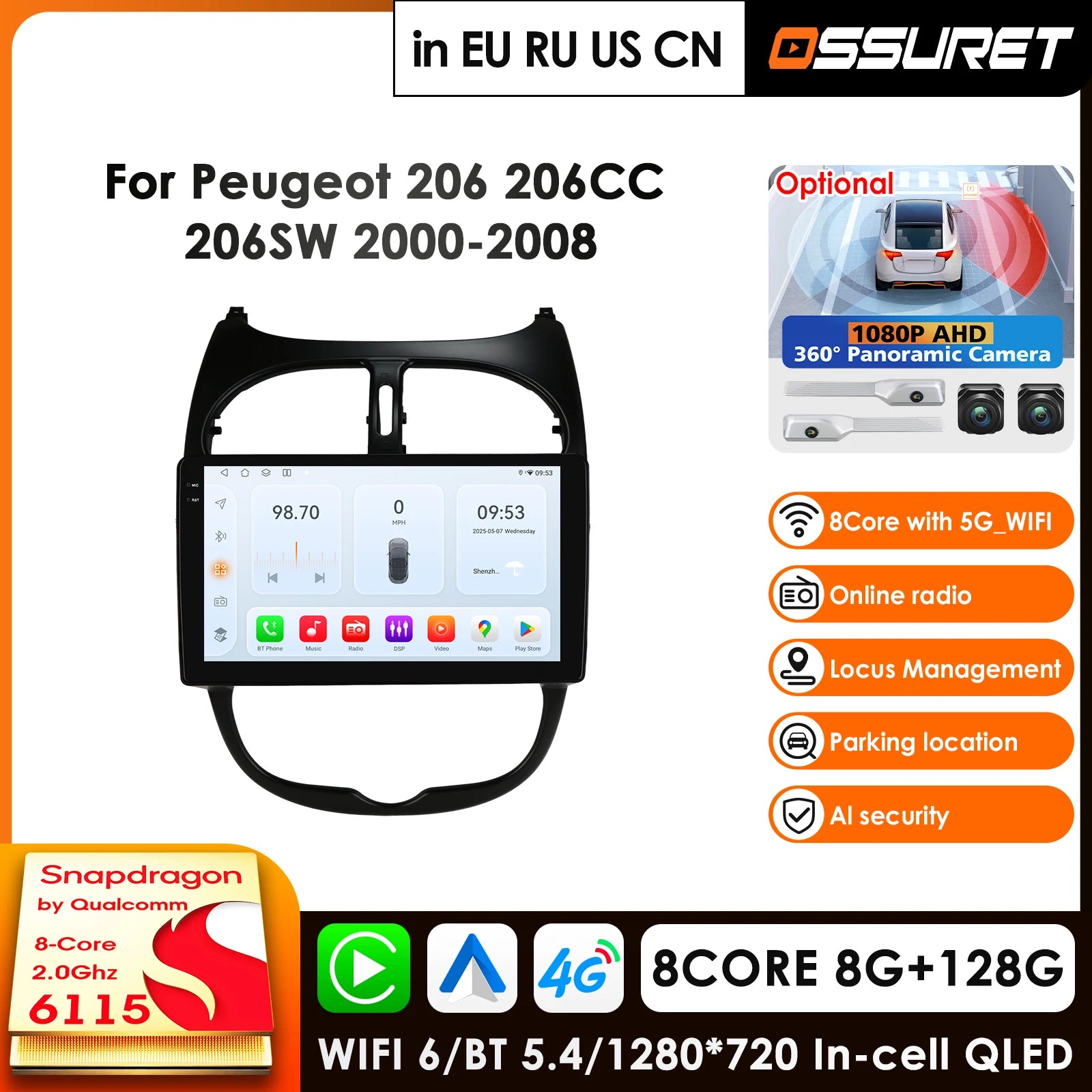 12.3" Car Radio GPS Android 14 Carplay 4G 360Cam for Peugeot 206 206CC 206SW 2000-2008 - Multimedia Player Stereo RDS