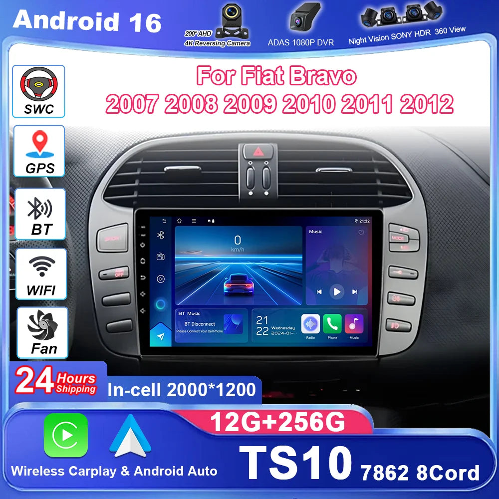 Android 16 For Fiat Bravo 2007 2008 2009 2010 2011 2012 Car Radio Carplay Wireless Android