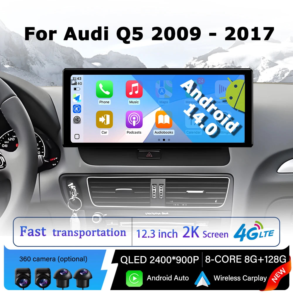 Carplay Android 14 for Audi Q5 2009 - 2017 Car Accessories QLED 2400*900P Multimedia Displ