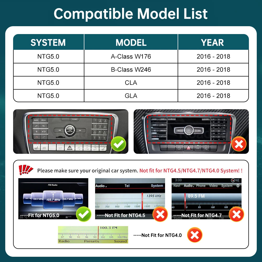 RoadTop Wireless CarPlay for Mercedes Benz A-Class W176 B-Class W246 GLA CLA 2016-2018 wit