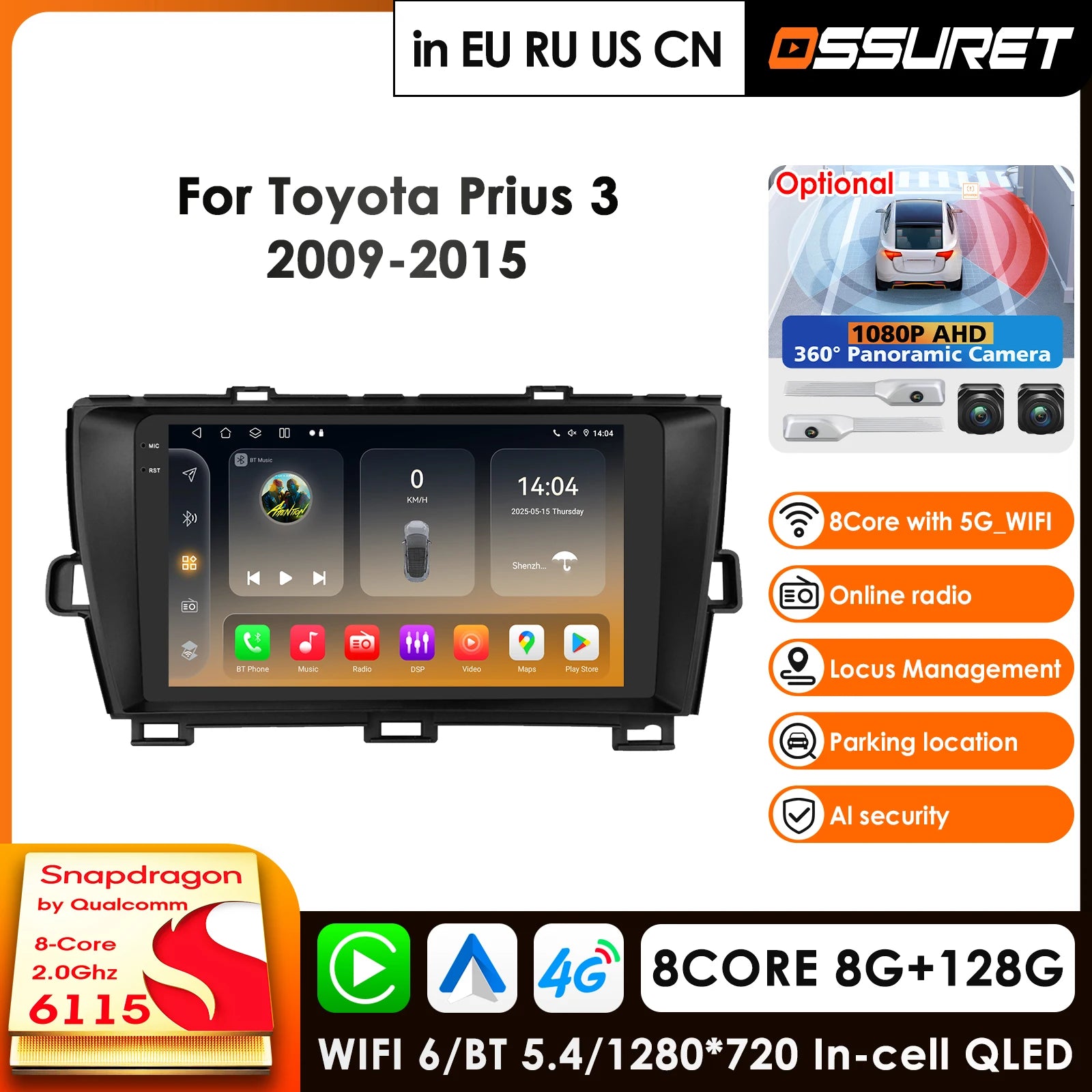 2Din Android 14 Car Multimedia Player for Toyota Prius XW30 2009-2015 GPS Carplay 4G AI Intelligent Screen Autoradio 360