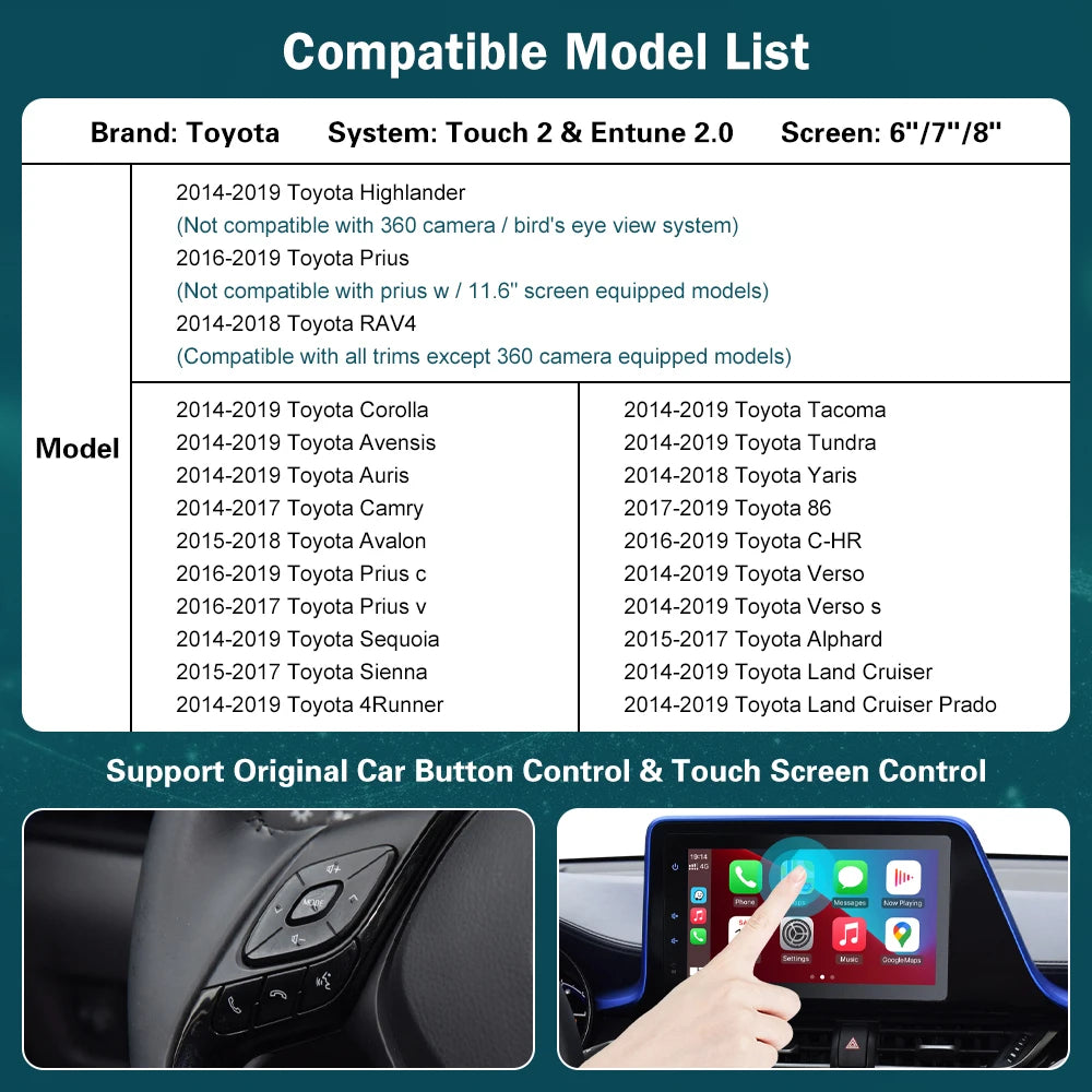 RoadTop Wireless CarPlay for TOYOTA Touch2 Entune2.0 RAV4 Sienna Tundra 2014-2019 with And