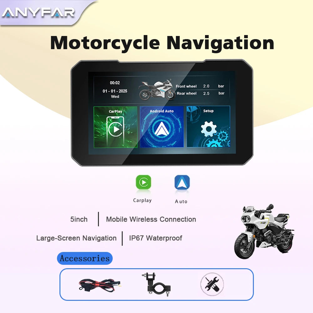 5 Inch Motorcycle Portable IP67 Waterproof GPS Navigation Wireless Carplay Android Auto Di