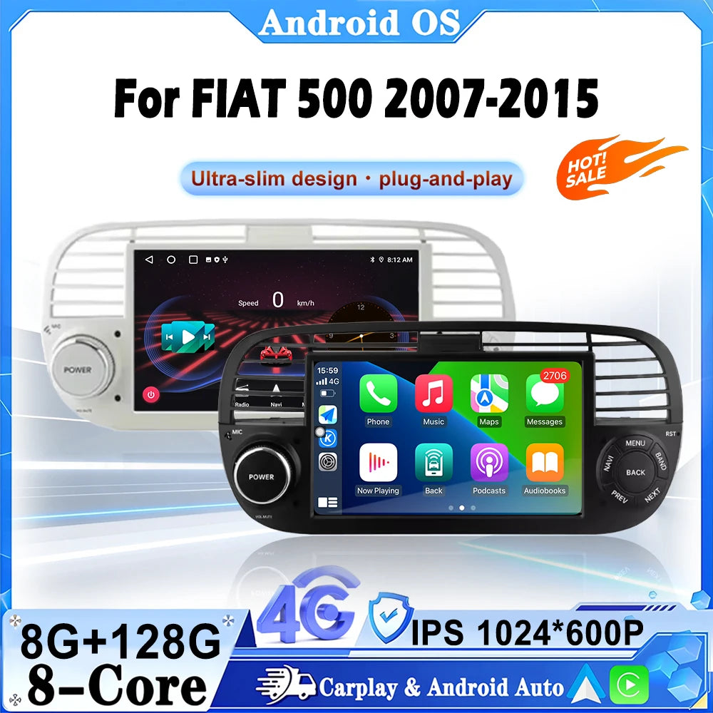 7"Android 16 Auto For FIAT 500 2007-2015 GPS Navigation Wireless Carplay Car Multimedia Vi
