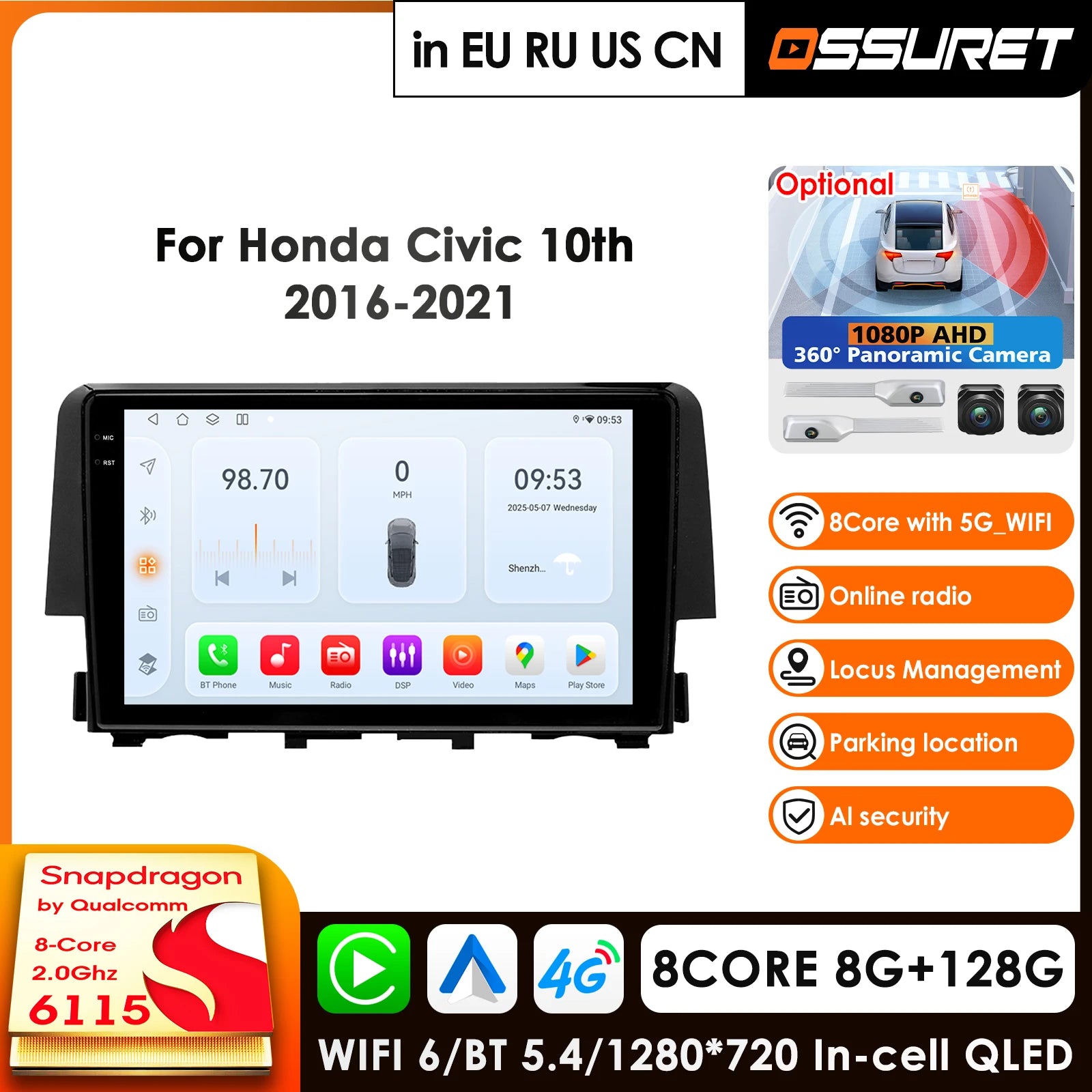 12.3" Android 14 Car Radio GPS Navigation for Honda Civic 10th 2015-2021 - 2Din Head Unit with Carplay, 4G, WIFI, DSP, B