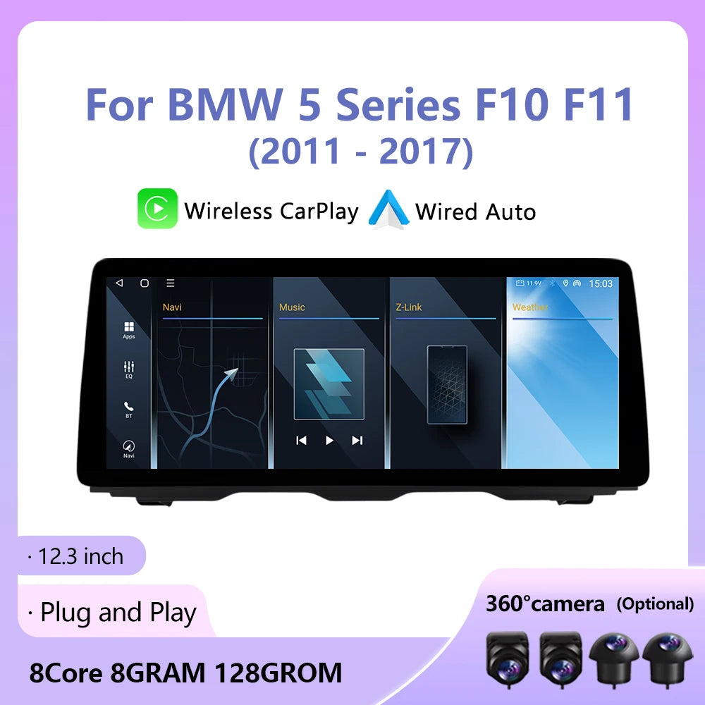 12.3" 8Core Android For BMW 5 Series F10 F11 2011-2017 Wireless CarPlay Car Raido Multimed