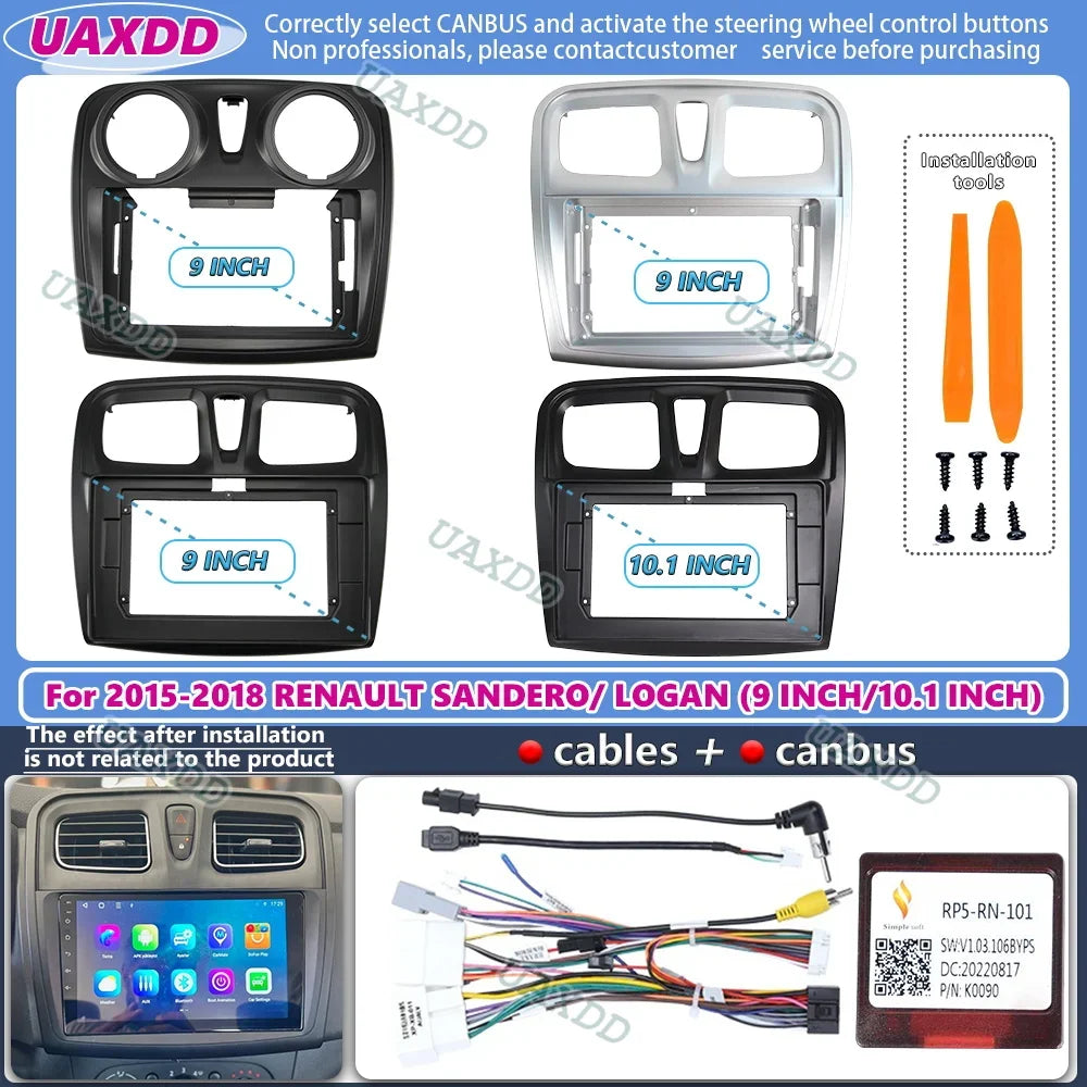 For 2015-2018 RENAULT SANDERO LOGAN 9INCH 2 Din Car Android frame Kit fascia cable harness